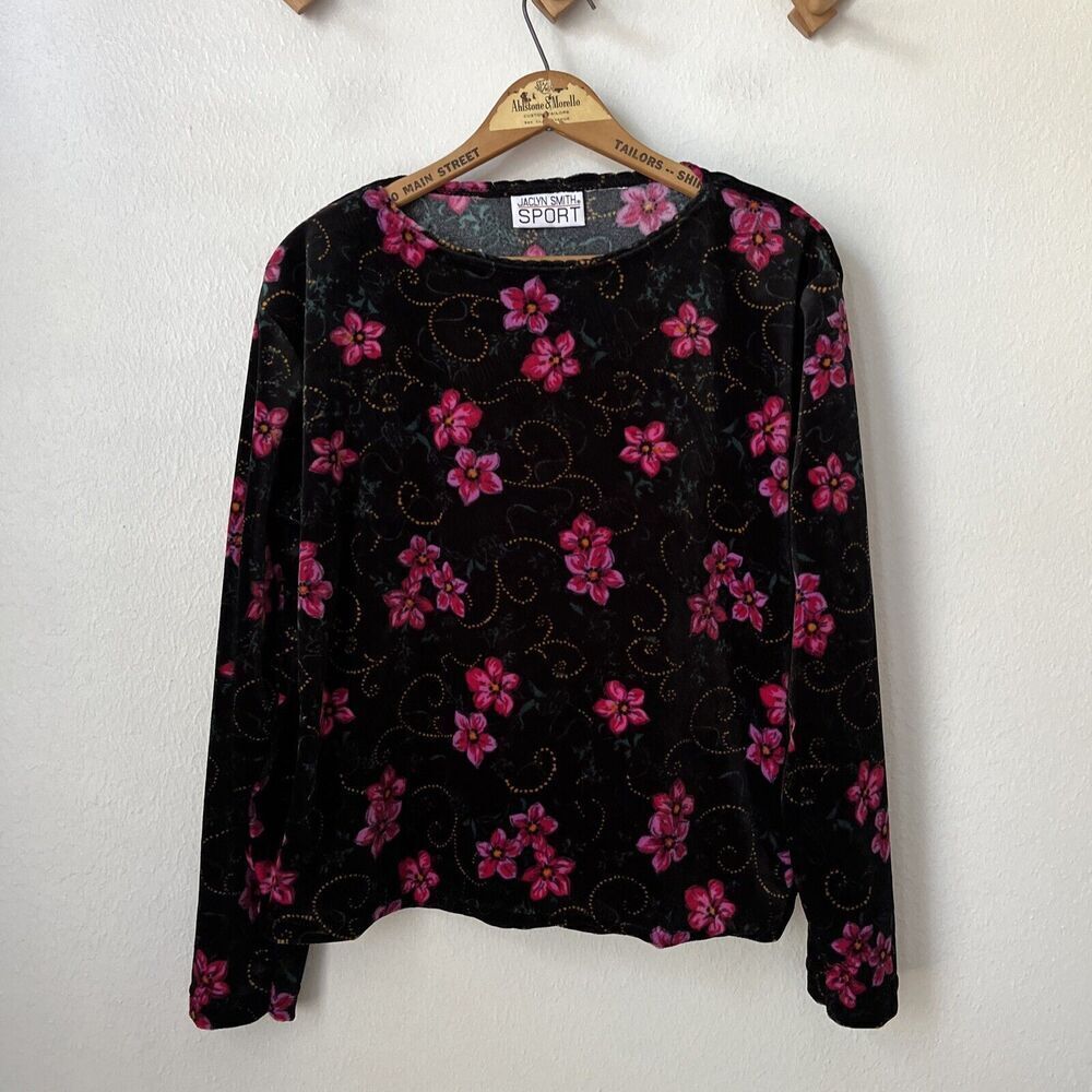 Vintage 80s 90s Jaclyn Smith stretch velour top‎ pink black long sleeve S/M
